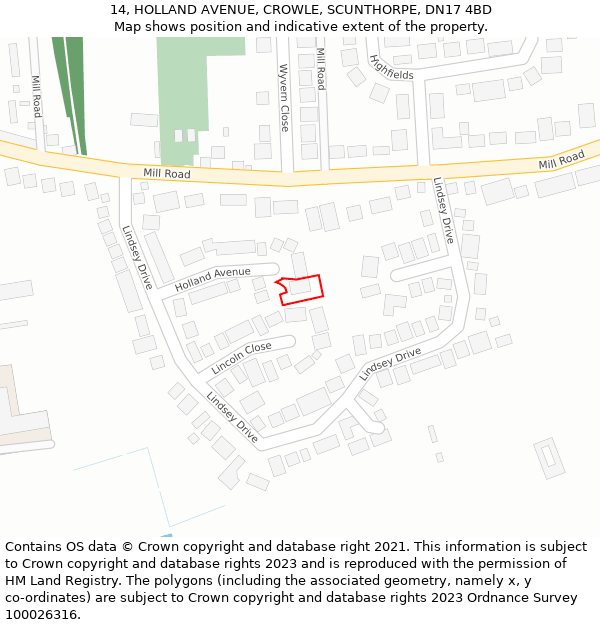 14, HOLLAND AVENUE, CROWLE, SCUNTHORPE, DN17 4BD: Location map and indicative extent of plot