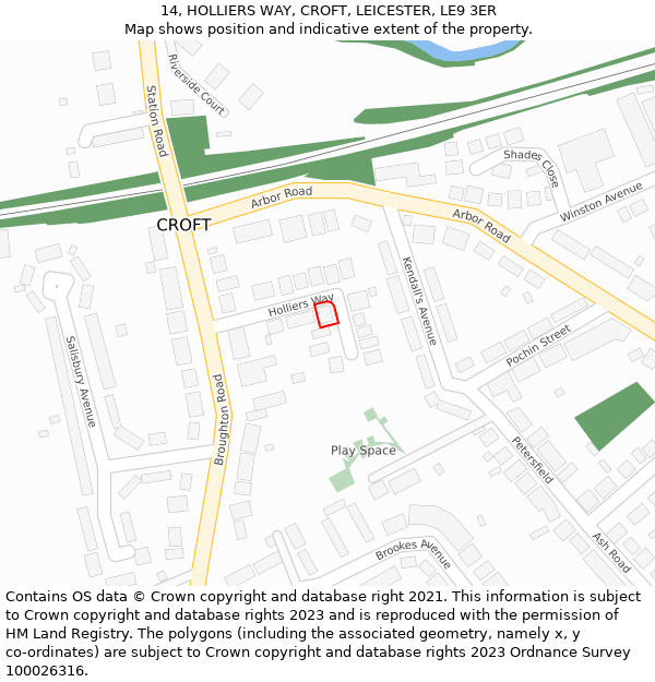 14, HOLLIERS WAY, CROFT, LEICESTER, LE9 3ER: Location map and indicative extent of plot