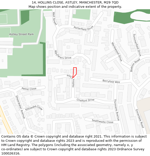 14, HOLLINS CLOSE, ASTLEY, MANCHESTER, M29 7QD: Location map and indicative extent of plot