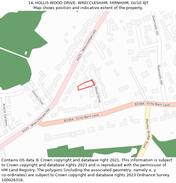 14, HOLLIS WOOD DRIVE, WRECCLESHAM, FARNHAM, GU10 4JT: Location map and indicative extent of plot