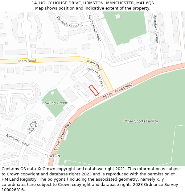 14, HOLLY HOUSE DRIVE, URMSTON, MANCHESTER, M41 6QS: Location map and indicative extent of plot