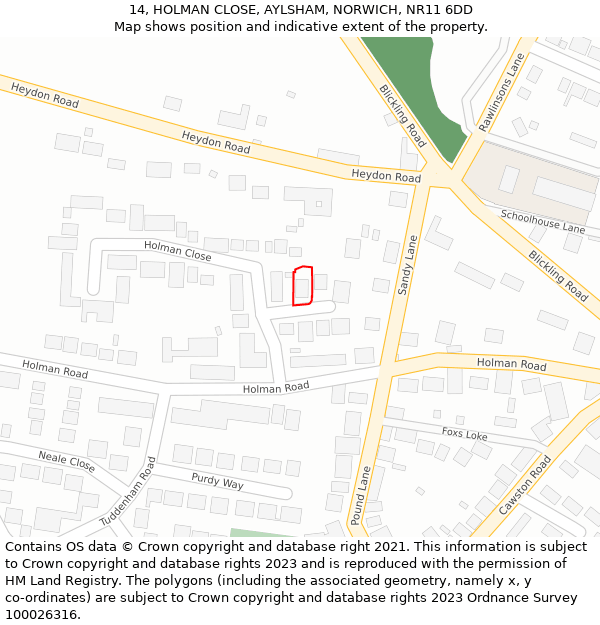 14, HOLMAN CLOSE, AYLSHAM, NORWICH, NR11 6DD: Location map and indicative extent of plot