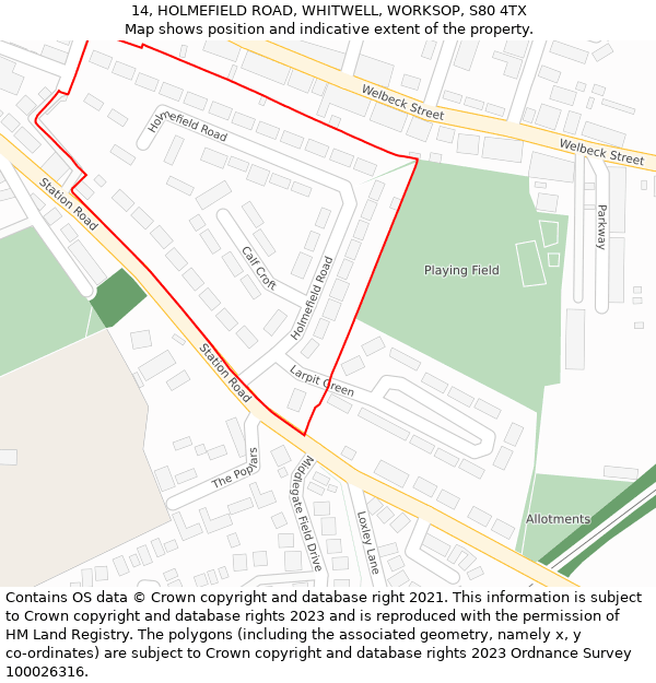 14, HOLMEFIELD ROAD, WHITWELL, WORKSOP, S80 4TX: Location map and indicative extent of plot
