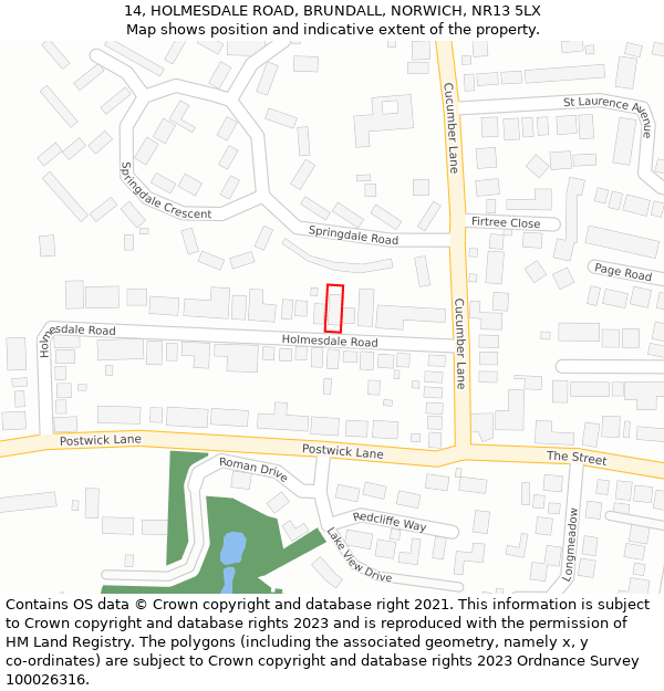 14, HOLMESDALE ROAD, BRUNDALL, NORWICH, NR13 5LX: Location map and indicative extent of plot