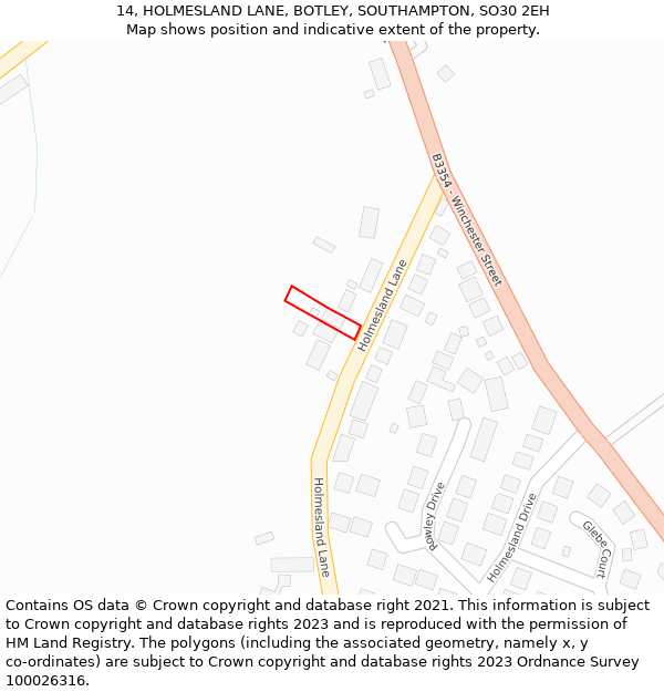 14, HOLMESLAND LANE, BOTLEY, SOUTHAMPTON, SO30 2EH: Location map and indicative extent of plot