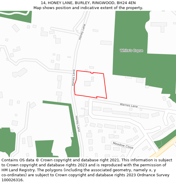 14, HONEY LANE, BURLEY, RINGWOOD, BH24 4EN: Location map and indicative extent of plot