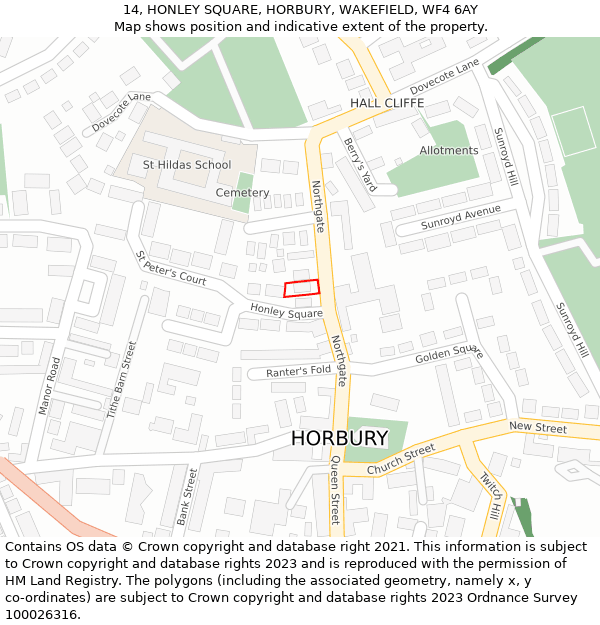 14, HONLEY SQUARE, HORBURY, WAKEFIELD, WF4 6AY: Location map and indicative extent of plot