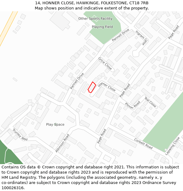 14, HONNER CLOSE, HAWKINGE, FOLKESTONE, CT18 7RB: Location map and indicative extent of plot