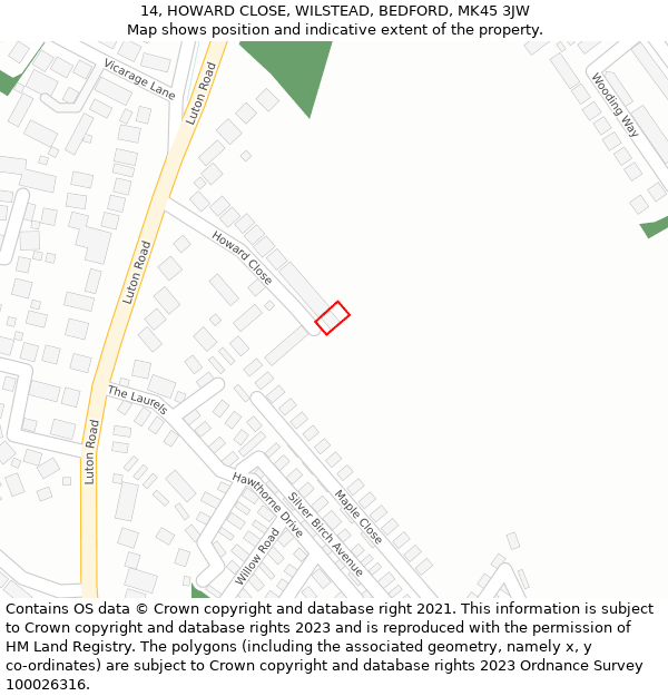 14, HOWARD CLOSE, WILSTEAD, BEDFORD, MK45 3JW: Location map and indicative extent of plot