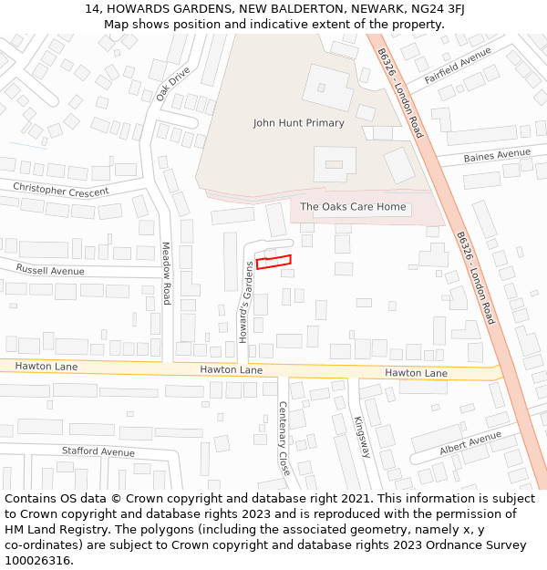 14, HOWARDS GARDENS, NEW BALDERTON, NEWARK, NG24 3FJ: Location map and indicative extent of plot