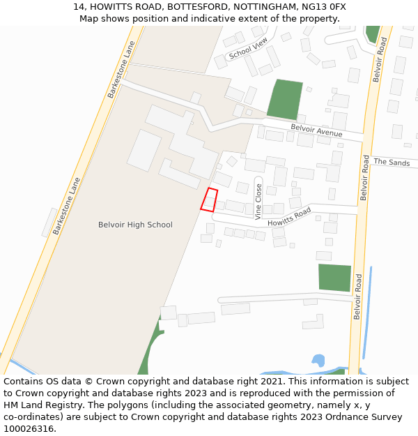 14, HOWITTS ROAD, BOTTESFORD, NOTTINGHAM, NG13 0FX: Location map and indicative extent of plot