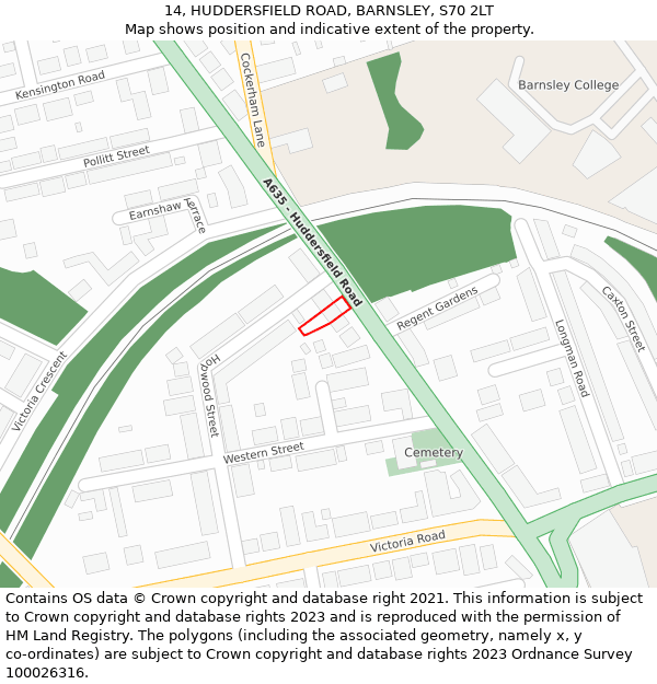 14, HUDDERSFIELD ROAD, BARNSLEY, S70 2LT: Location map and indicative extent of plot