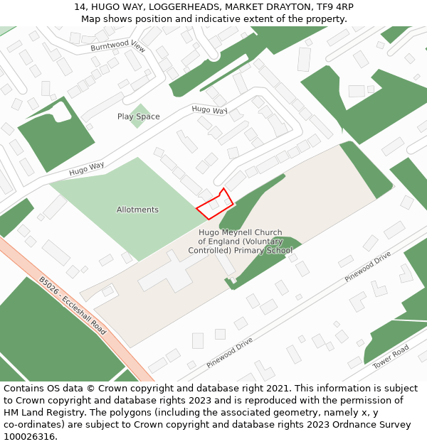 14, HUGO WAY, LOGGERHEADS, MARKET DRAYTON, TF9 4RP: Location map and indicative extent of plot