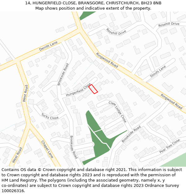14, HUNGERFIELD CLOSE, BRANSGORE, CHRISTCHURCH, BH23 8NB: Location map and indicative extent of plot
