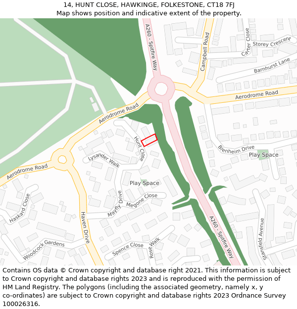 14, HUNT CLOSE, HAWKINGE, FOLKESTONE, CT18 7FJ: Location map and indicative extent of plot