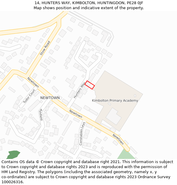 14, HUNTERS WAY, KIMBOLTON, HUNTINGDON, PE28 0JF: Location map and indicative extent of plot