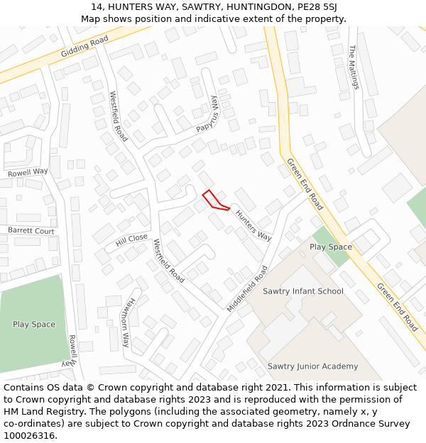 14, HUNTERS WAY, SAWTRY, HUNTINGDON, PE28 5SJ: Location map and indicative extent of plot