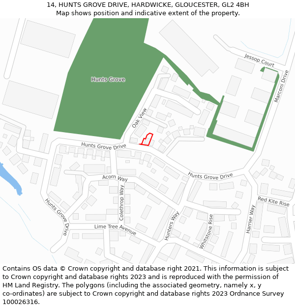 14, HUNTS GROVE DRIVE, HARDWICKE, GLOUCESTER, GL2 4BH: Location map and indicative extent of plot
