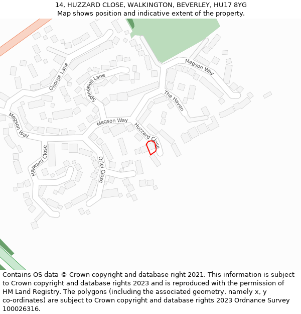 14, HUZZARD CLOSE, WALKINGTON, BEVERLEY, HU17 8YG: Location map and indicative extent of plot