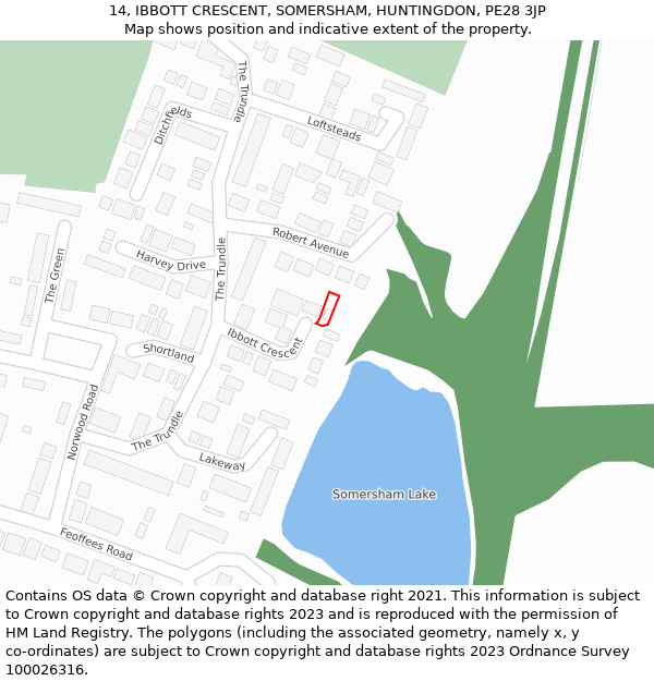 14, IBBOTT CRESCENT, SOMERSHAM, HUNTINGDON, PE28 3JP: Location map and indicative extent of plot