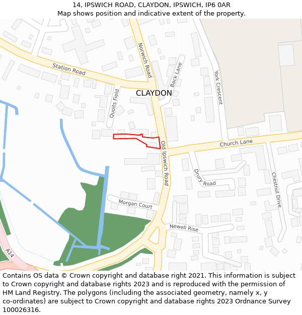 14, IPSWICH ROAD, CLAYDON, IPSWICH, IP6 0AR: Location map and indicative extent of plot