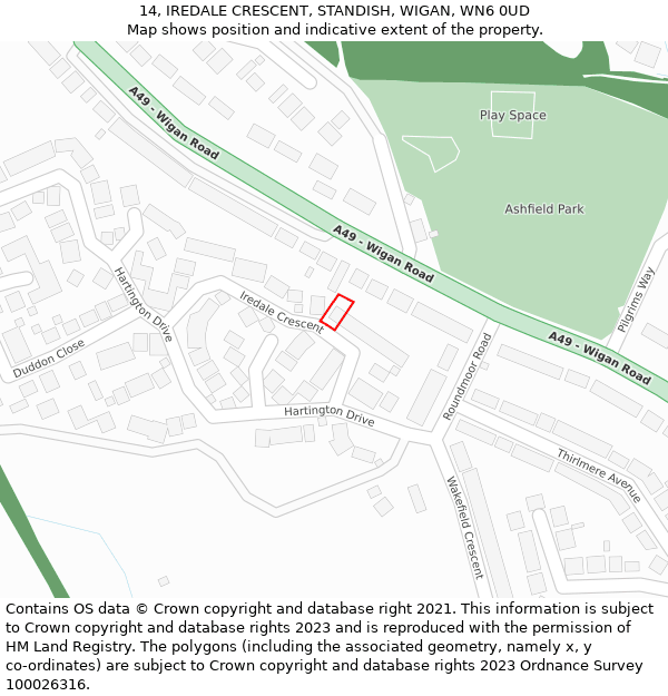 14, IREDALE CRESCENT, STANDISH, WIGAN, WN6 0UD: Location map and indicative extent of plot