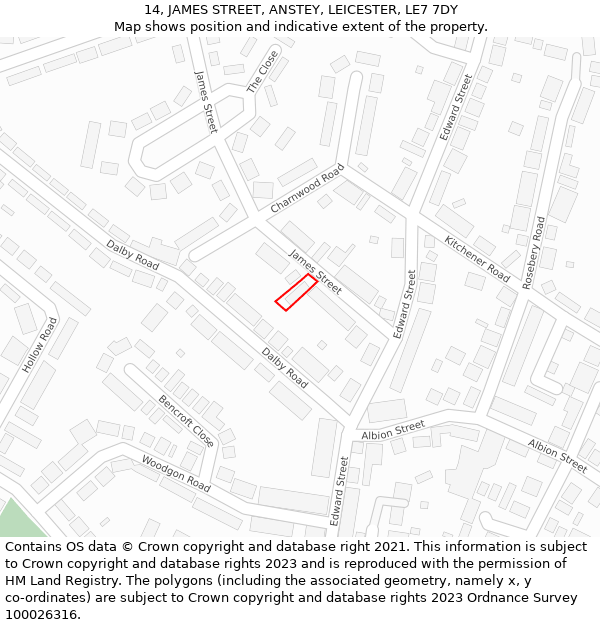 14, JAMES STREET, ANSTEY, LEICESTER, LE7 7DY: Location map and indicative extent of plot