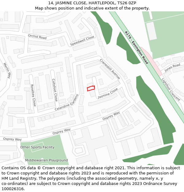 14, JASMINE CLOSE, HARTLEPOOL, TS26 0ZP: Location map and indicative extent of plot