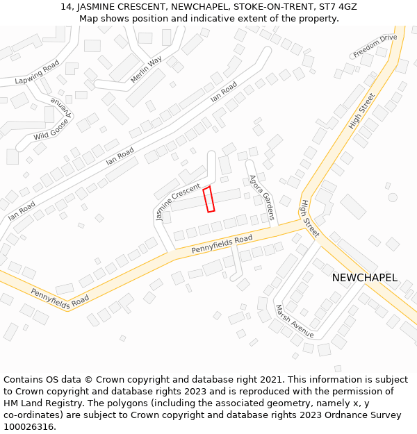 14, JASMINE CRESCENT, NEWCHAPEL, STOKE-ON-TRENT, ST7 4GZ: Location map and indicative extent of plot