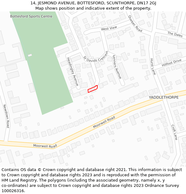 14, JESMOND AVENUE, BOTTESFORD, SCUNTHORPE, DN17 2GJ: Location map and indicative extent of plot