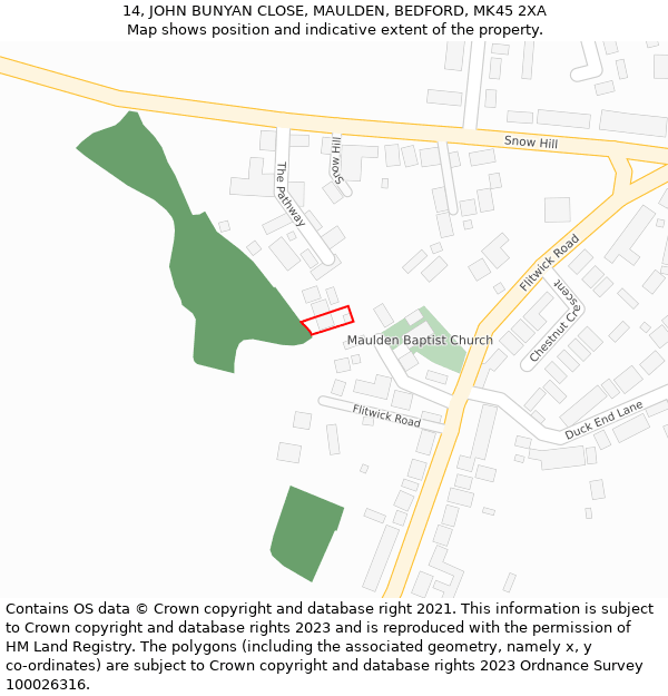 14, JOHN BUNYAN CLOSE, MAULDEN, BEDFORD, MK45 2XA: Location map and indicative extent of plot