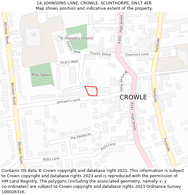 14, JOHNSONS LANE, CROWLE, SCUNTHORPE, DN17 4ER: Location map and indicative extent of plot