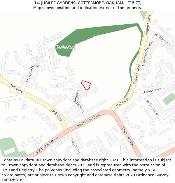 14, JUBILEE GARDENS, COTTESMORE, OAKHAM, LE15 7TJ: Location map and indicative extent of plot