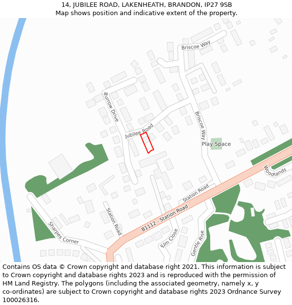 14, JUBILEE ROAD, LAKENHEATH, BRANDON, IP27 9SB: Location map and indicative extent of plot
