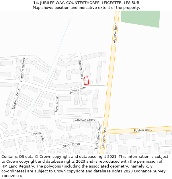 14, JUBILEE WAY, COUNTESTHORPE, LEICESTER, LE8 5UB: Location map and indicative extent of plot