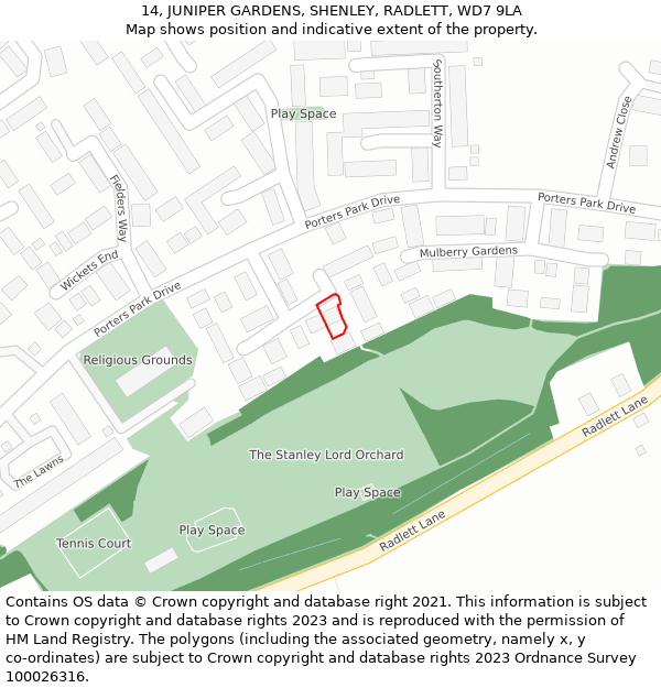 14, JUNIPER GARDENS, SHENLEY, RADLETT, WD7 9LA: Location map and indicative extent of plot