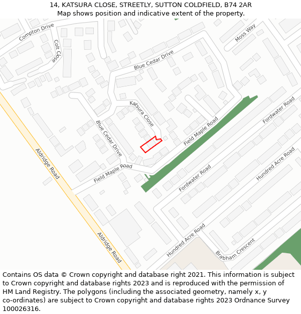 14, KATSURA CLOSE, STREETLY, SUTTON COLDFIELD, B74 2AR: Location map and indicative extent of plot