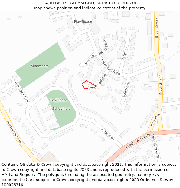 14, KEBBLES, GLEMSFORD, SUDBURY, CO10 7UE: Location map and indicative extent of plot