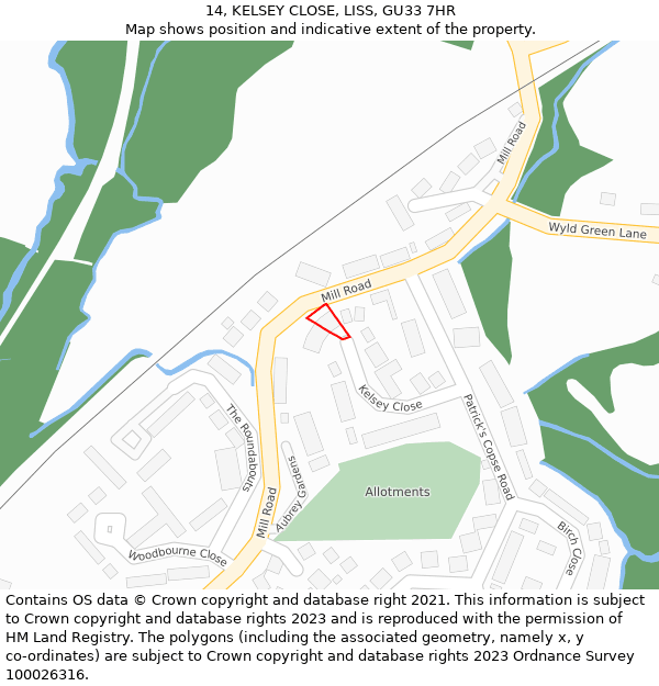 14, KELSEY CLOSE, LISS, GU33 7HR: Location map and indicative extent of plot