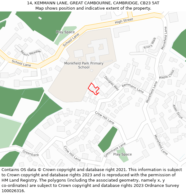 14, KEMMANN LANE, GREAT CAMBOURNE, CAMBRIDGE, CB23 5AT: Location map and indicative extent of plot