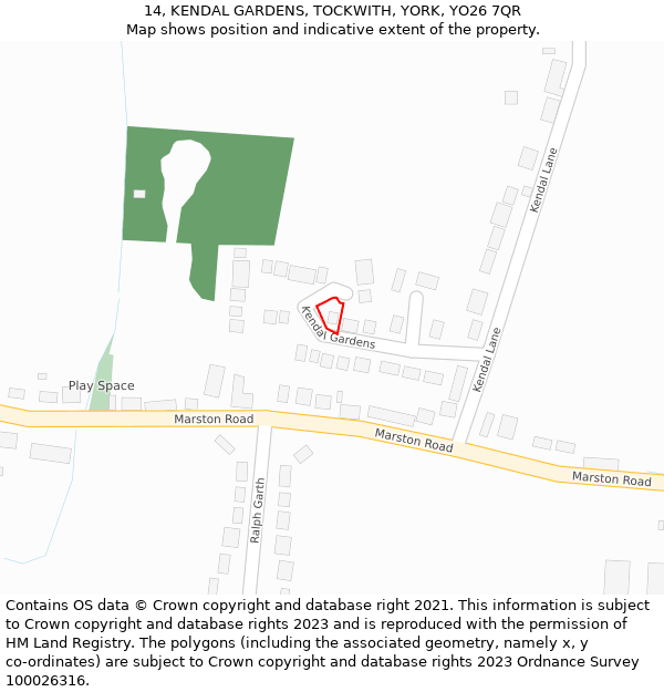 14, KENDAL GARDENS, TOCKWITH, YORK, YO26 7QR: Location map and indicative extent of plot