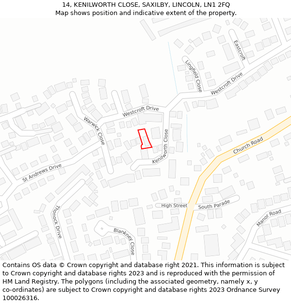 14, KENILWORTH CLOSE, SAXILBY, LINCOLN, LN1 2FQ: Location map and indicative extent of plot