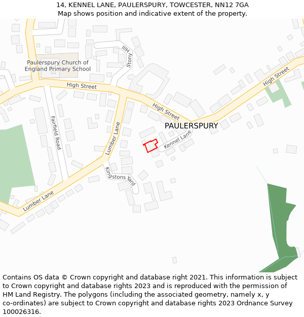 14, KENNEL LANE, PAULERSPURY, TOWCESTER, NN12 7GA: Location map and indicative extent of plot