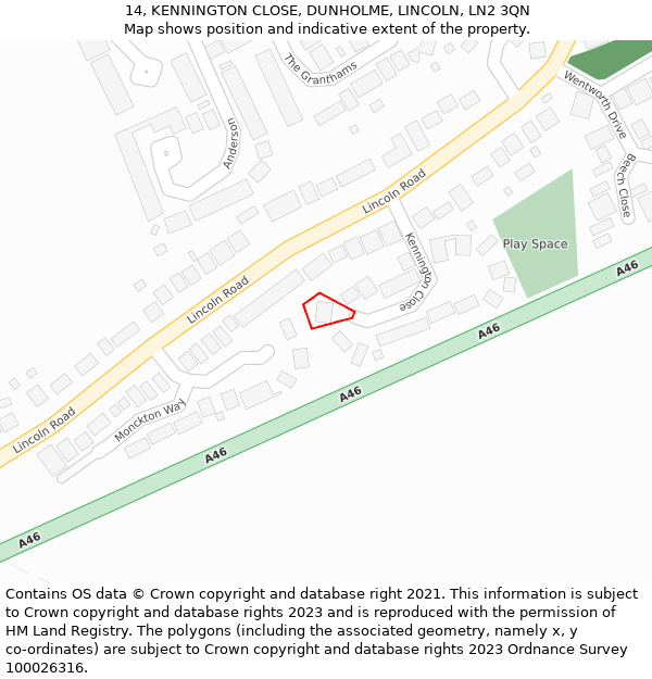 14, KENNINGTON CLOSE, DUNHOLME, LINCOLN, LN2 3QN: Location map and indicative extent of plot
