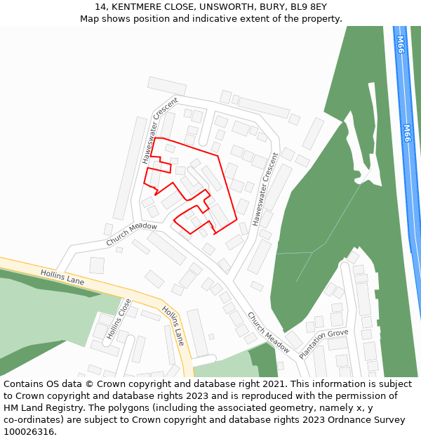 14, KENTMERE CLOSE, UNSWORTH, BURY, BL9 8EY: Location map and indicative extent of plot