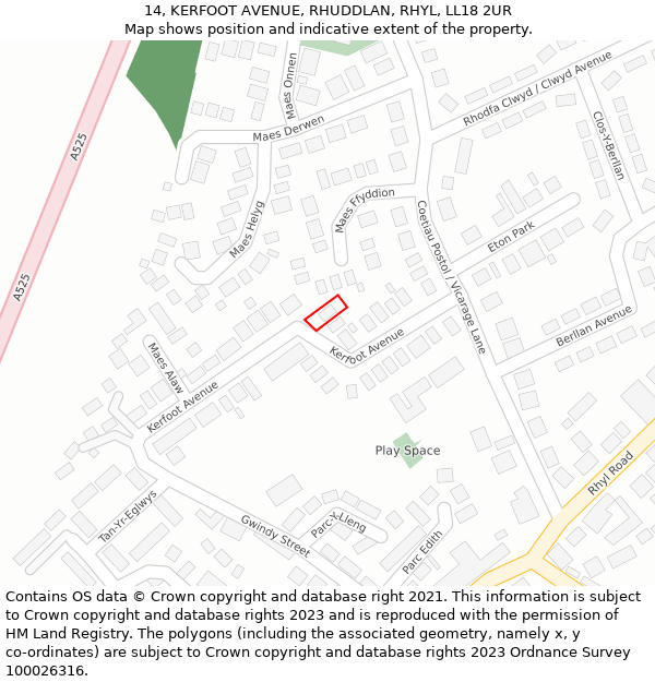 14, KERFOOT AVENUE, RHUDDLAN, RHYL, LL18 2UR: Location map and indicative extent of plot