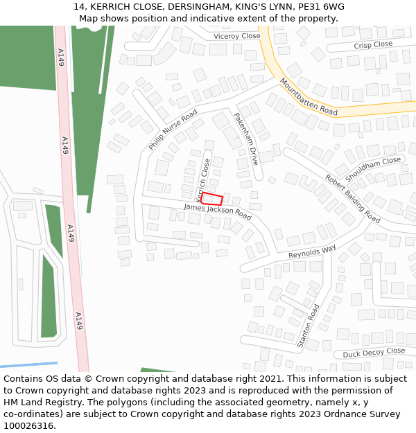 14, KERRICH CLOSE, DERSINGHAM, KING'S LYNN, PE31 6WG: Location map and indicative extent of plot