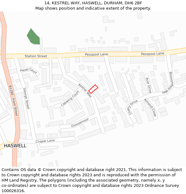 14, KESTREL WAY, HASWELL, DURHAM, DH6 2BF: Location map and indicative extent of plot