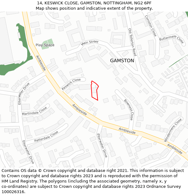 14, KESWICK CLOSE, GAMSTON, NOTTINGHAM, NG2 6PF: Location map and indicative extent of plot