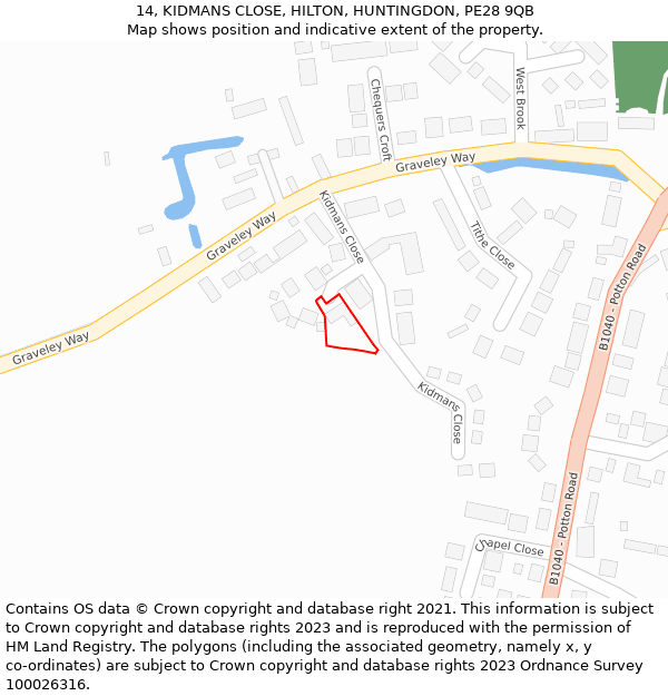 14, KIDMANS CLOSE, HILTON, HUNTINGDON, PE28 9QB: Location map and indicative extent of plot